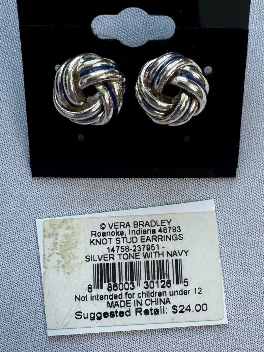 Vera Bradley Knot Stud Earrings Silver Tone Navy NWT